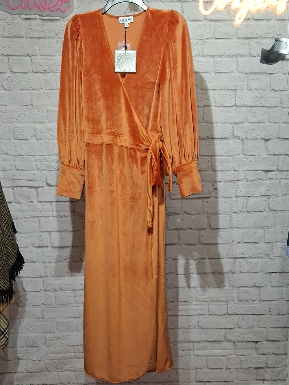 Long Velvet Wrap Maxi Dress in Rust Orange